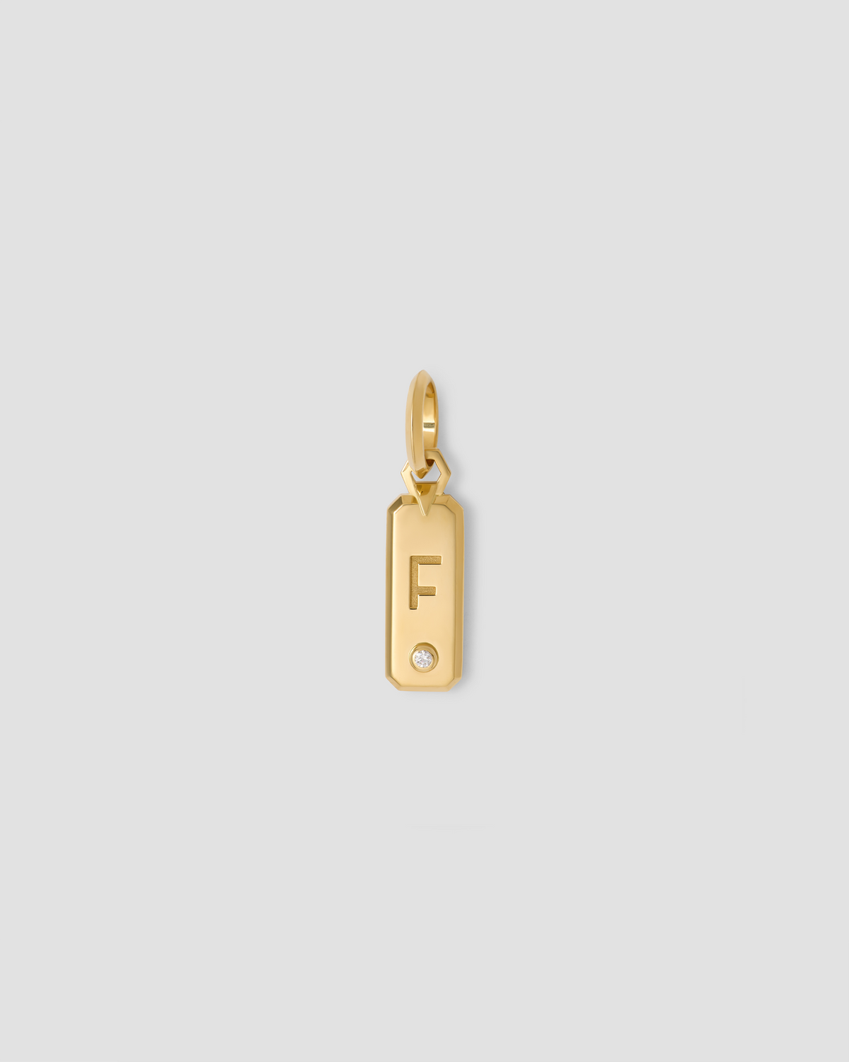 Minimal Block Letter Dog Tag in 18K Yellow gold charm - front view | necklace with charms