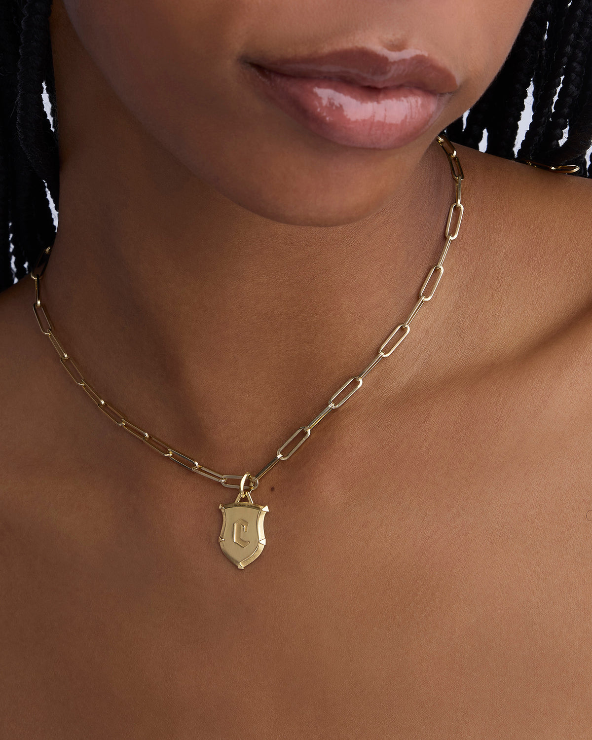 Personalized Mini Classic Shield in 18K Yellow Gold charm - close-up detail | necklace with charms