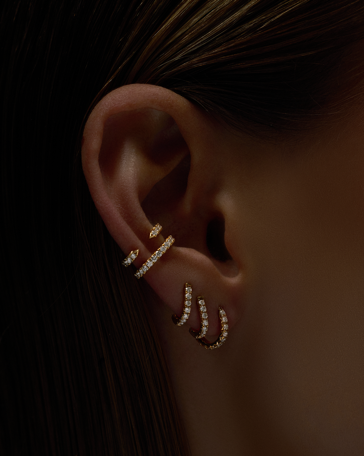 Pin Ear Cuff with Pave White Diamonds in 18K Yellow Gold earring - close-up detail | diamond earrings for women